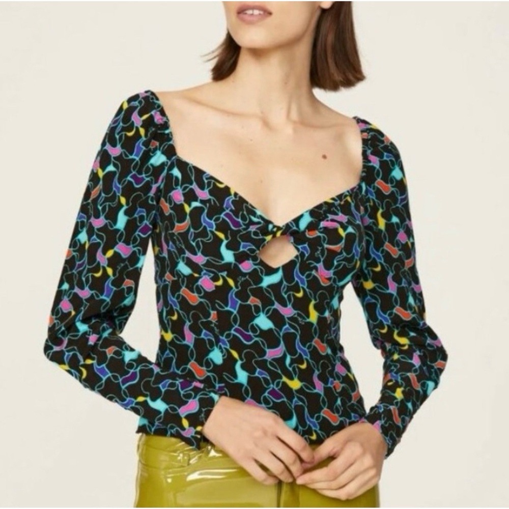 STAUD Womans Josephine Top Long Sleeve Sweetheart Neckline‎ Multicolor Sz 2 NWT